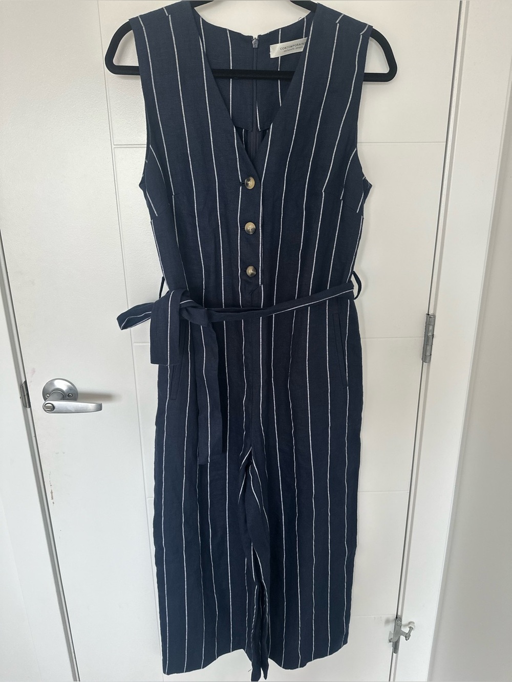 Contemporaine Linen Sleeveless Navy Stripe Jumpsuit with Tie Belt
